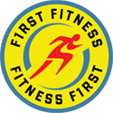 A yellow and blue circle with the words " first fitness, fitness first ".