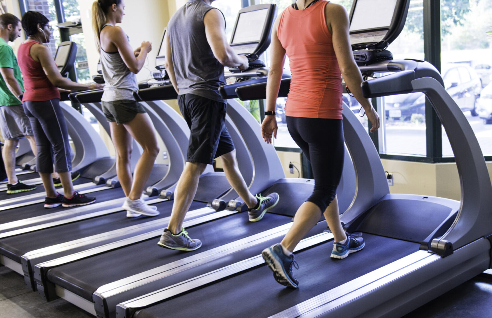 A group of people on treadmills in a gym.